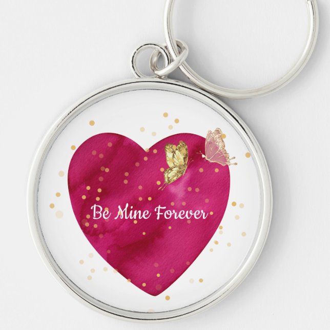 Romantic Pink Heart & Gold Butterfly  Keychain (Front)
