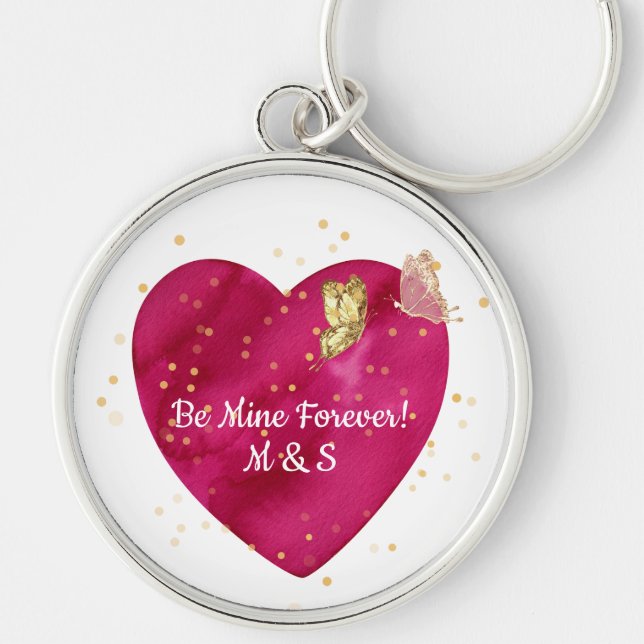 Romantic Pink Heart & Gold Butterfly  Keychain (Front)