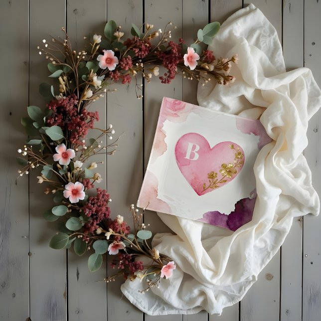 Romantic Pink Heart Gold Floral Accents Initial Trinket Tray (Romantic Pink Tones Heart in Gold Glitter Effect Floral Accents Trinket Trays Design.)