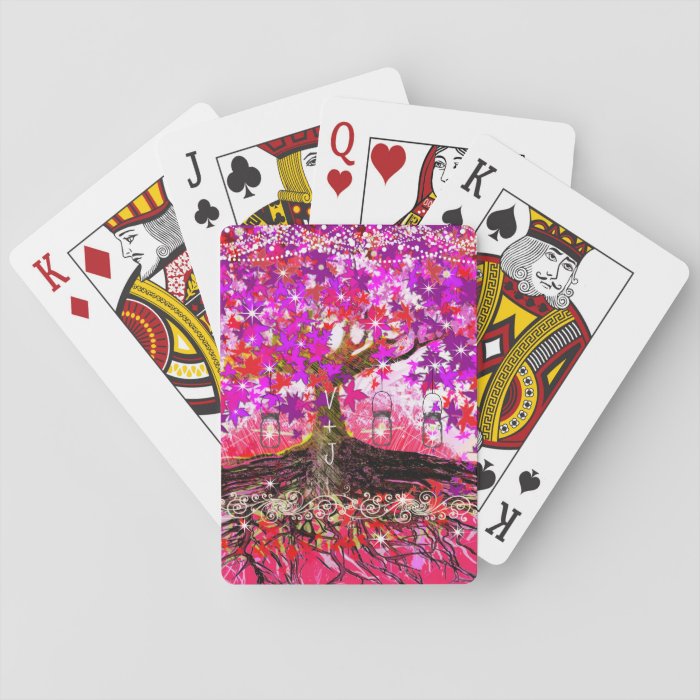 Romantic Pink Heart Leaf Tree Wedding Playing Cards