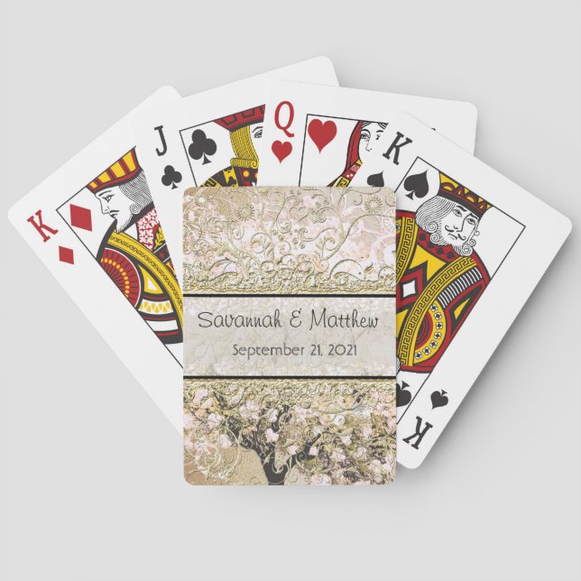 Romantic Pink Heart Leaf Tree Wedding Poker Cards (Back)