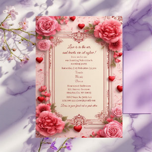 Romantic Pink Heart Motifs Valentine Party Floral Invitation