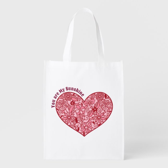 Romantic Pink Heart of Flowers Valentine's Day Grocery Bag (Front)