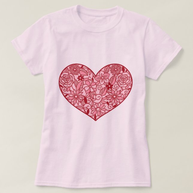 Romantic Pink Heart of Flowers Valentine's Day T-Shirt (Design Front)