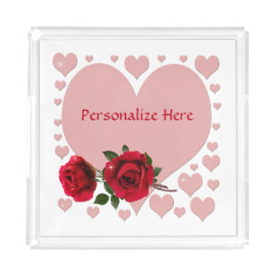 Romantic Pink Heart & Red Roses Personalize Acrylic Tray