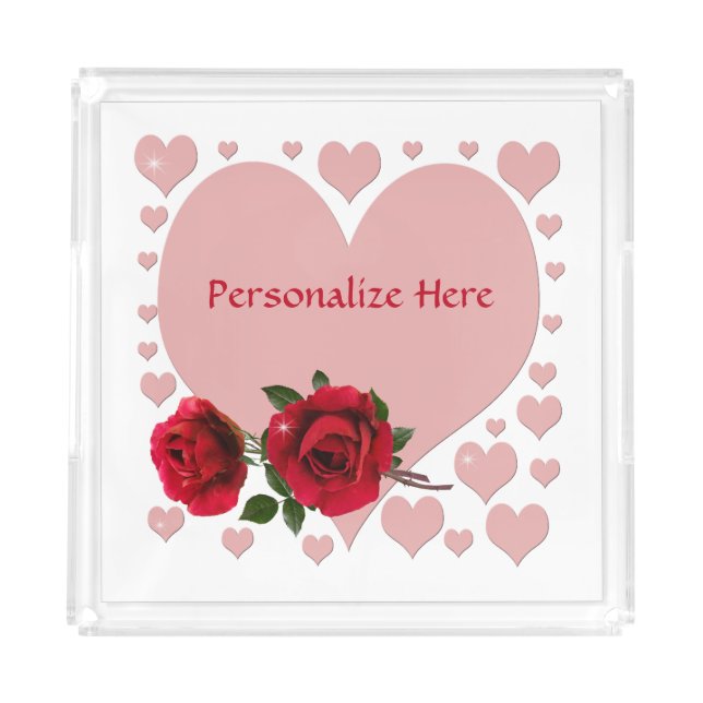 Romantic Pink Heart & Red Roses Personalize Acrylic Tray (Front)