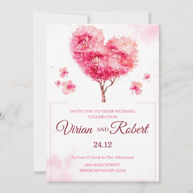 Romantic Pink Heart Tree Watercolor Wedding Invita Invitation (Front)