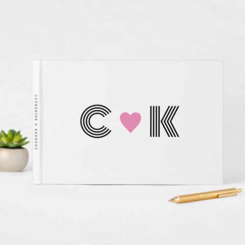 Romantic Pink Heart Wedding Monogram Minimalist Guest Book