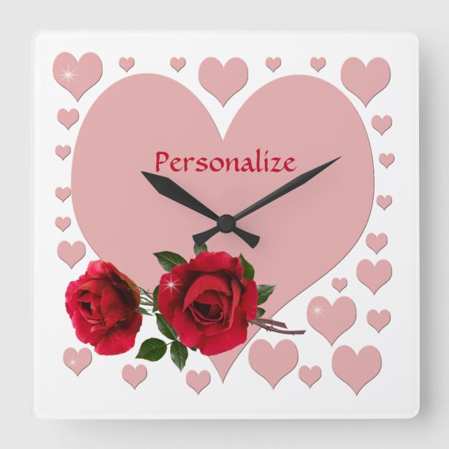 Romantic Pink Hearts & Red Roses Personalize Squar Square Wall Clock (Front)