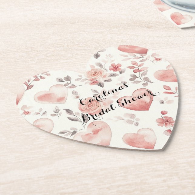 Romantic Pink Hearts Roses Floral Bridal Shower Paper Coaster (Angled)
