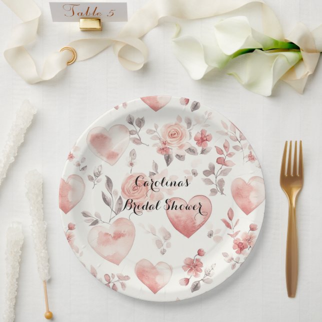 Romantic Pink Hearts Roses Floral Bridal Shower Paper Plates (Wedding)