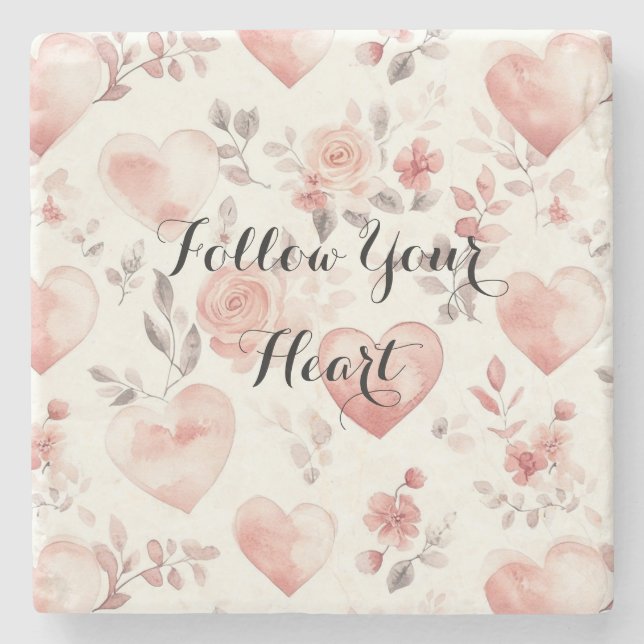 Romantic Pink Hearts Roses Floral Stone Coaster (Front)