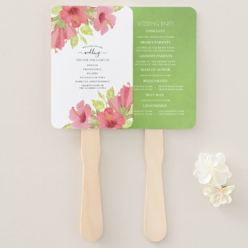 Romantic Pink Hibiscus Blooms Wedding Program Hand Fan