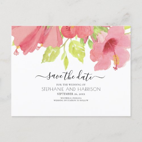 Romantic Pink Hibiscus Wedding Save The Date Announcement Postcard