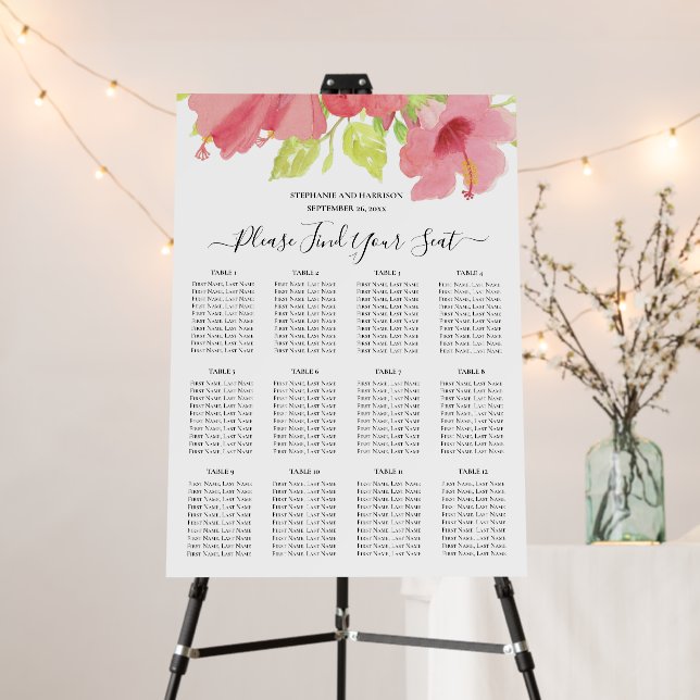 Romantic Pink Hibiscus Wedding Seating Chart Foam Board (In Situ (Stand))