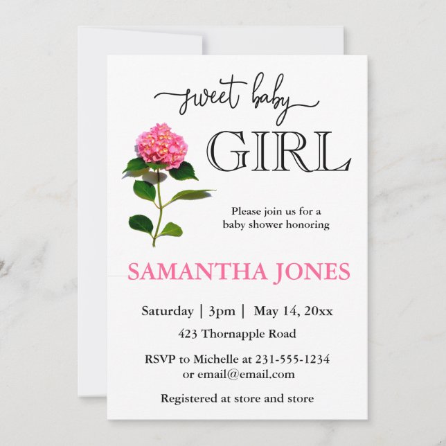 Romantic pink hydrangea botanical boho baby girl  invitation (Front)