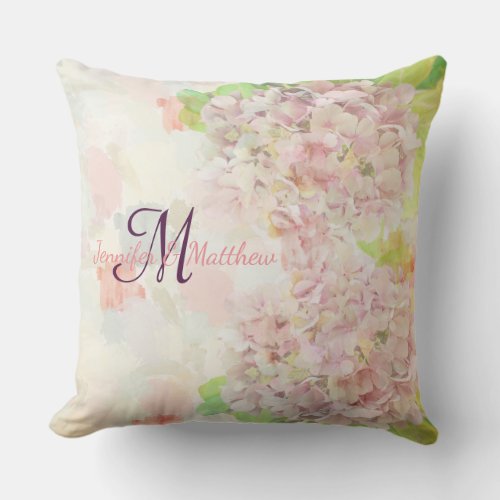 Romantic pink Hydrangea  custom monogram  text Throw Pillow