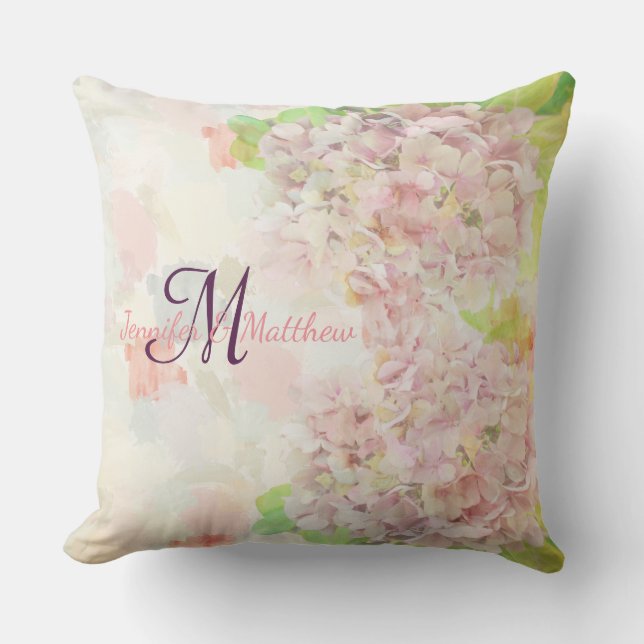 Romantic pink Hydrangea & custom monogram / text Throw Pillow (Front)