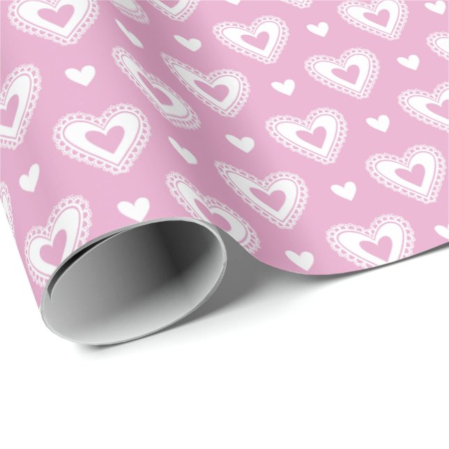 Romantic Pink Lace Hearts Valentine's Day Pattern Wrapping Paper (Roll Corner)
