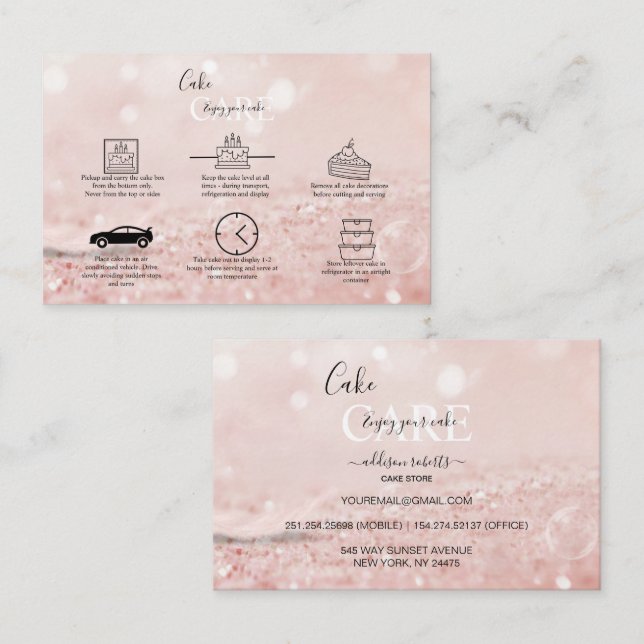 Romantic pink light effect glitter Cake Care  Busi Business Card (Front/Back)