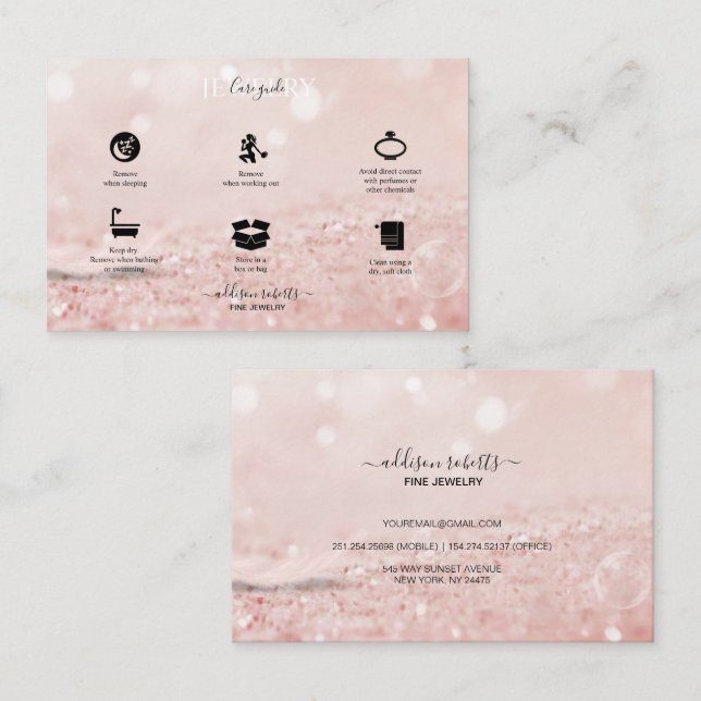 Romantic pink light effect glitter Jewelry Care Bu Business Card (Front/Back)