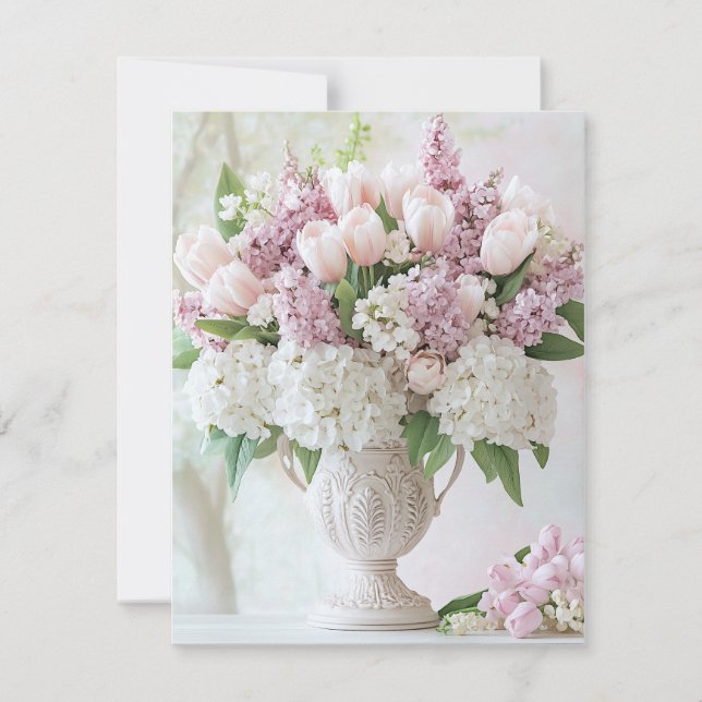 Romantic Pink Lilac and White Hydrangea Valentine' Holiday Card (Front)