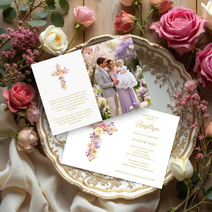 Romantic Pink Lilac Floral Cross Baptism Invitation