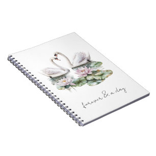 Romantic Pink Lotus Floral Swans Forever Love Notebook