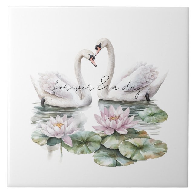 Romantic Pink Lotus Floral Swans Wedding Ceramic Tile (Front)
