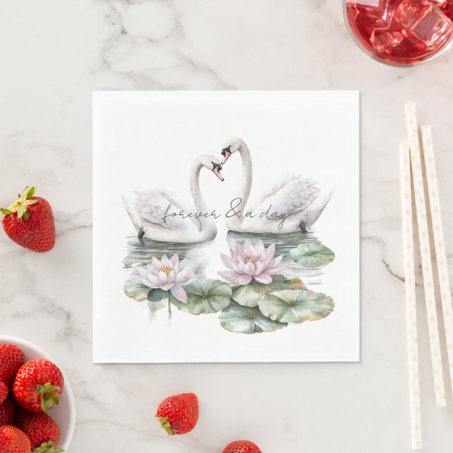 Romantic Pink Lotus Floral Swans Wedding Napkins (Insitu)