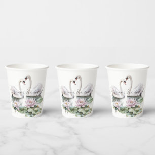 Romantic Pink Lotus Floral Swans Wedding Paper Cups