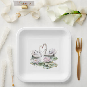 Romantic Pink Lotus Floral Swans Wedding Paper Plates