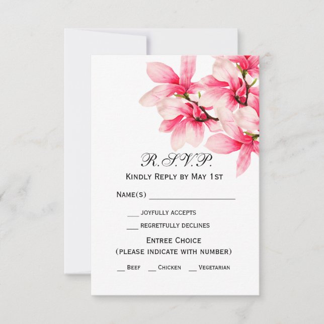 Romantic Pink Magnolia Floral Wedding RSVP Card (Front)