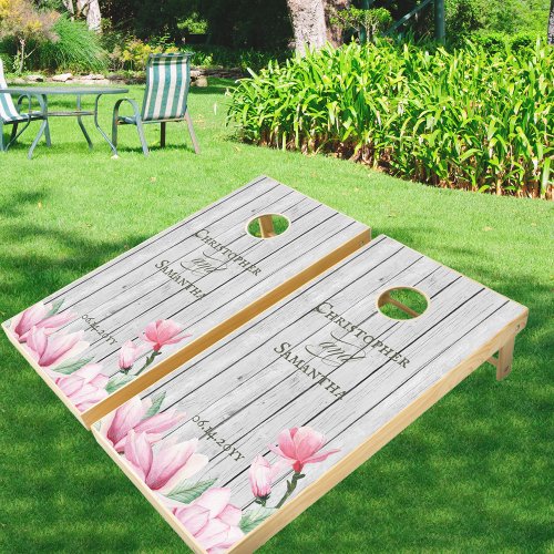 Romantic Pink Magnolia Light Grey Wood Look Cornhole Set