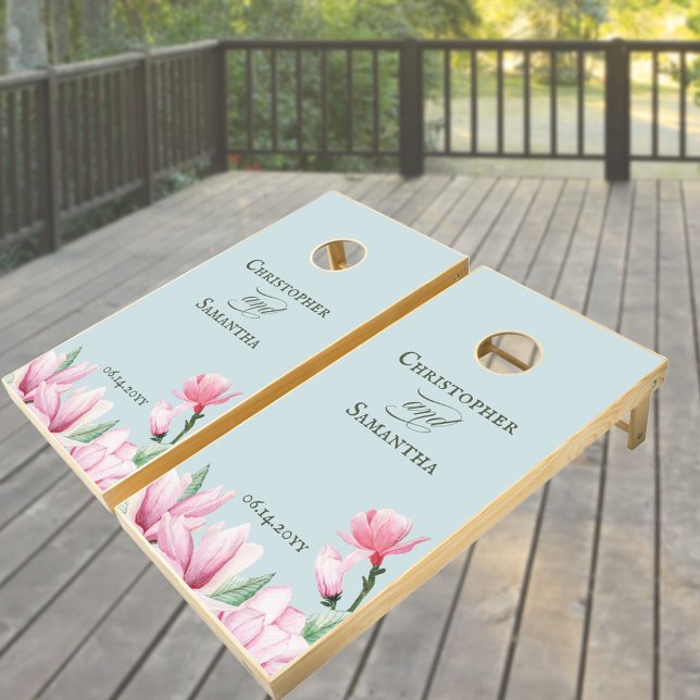 Romantic Pink Magnolia Summer Wedding Cornhole Set (Creator Uploaded)