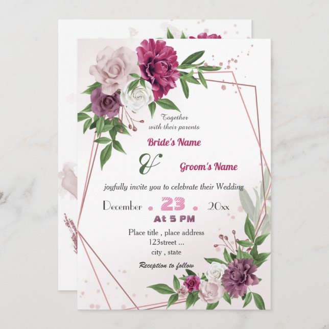 romantic pink mauve floral geometric wedding invitation (Front/Back)