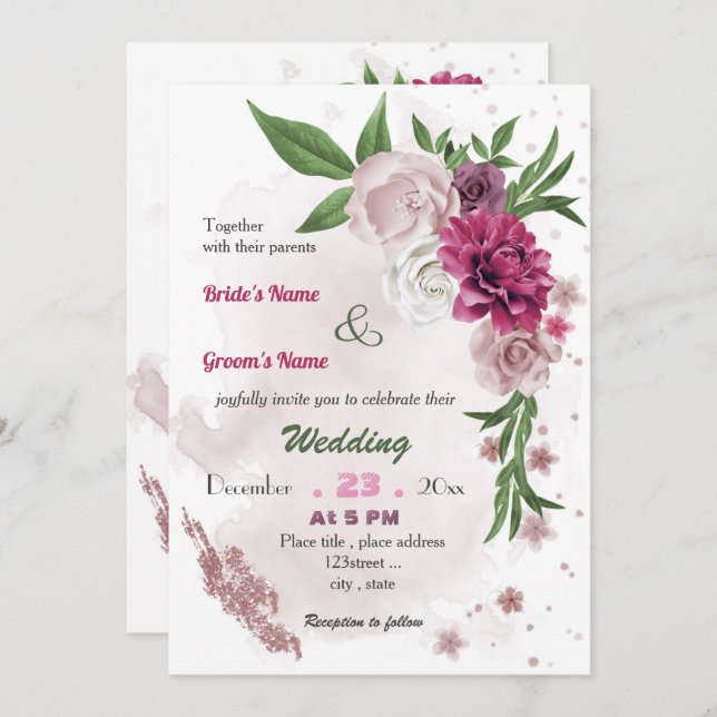 romantic pink mauve floral wedding  invitation (Front/Back)
