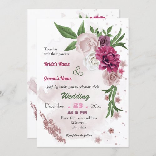 romantic pink mauve floral wedding  invitation