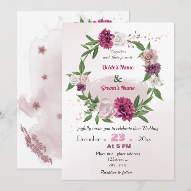 romantic pink mauve floral wreath wedding invitation (Front/Back)
