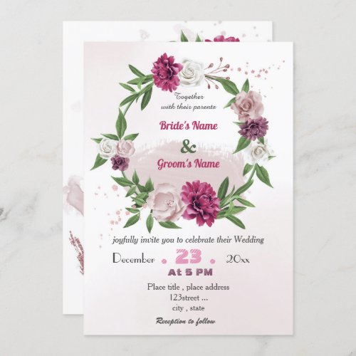 romantic pink mauve floral wreath wedding invitation