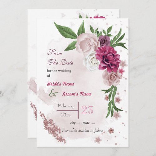 Romantic pink mauve white flowers greenery  save the date