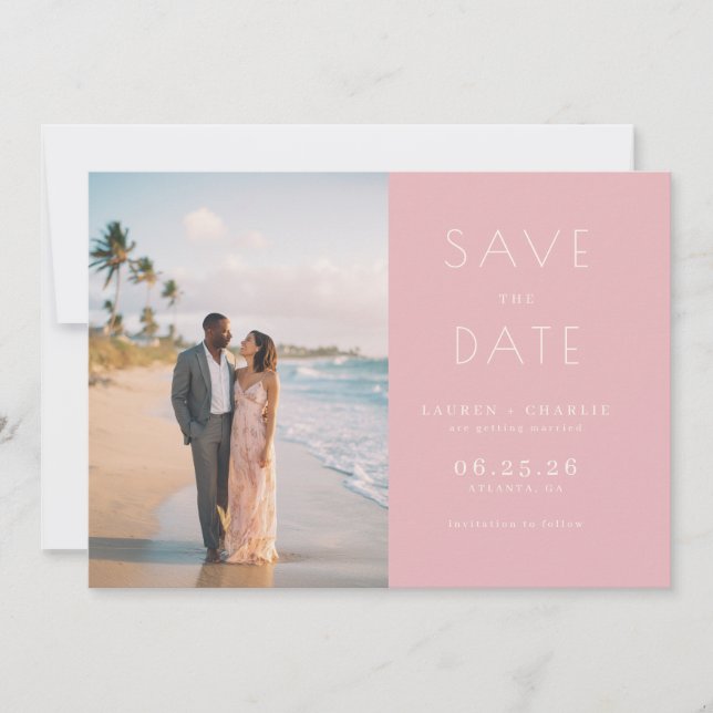 Romantic Pink Minimalist Photo Save The Date (Front)
