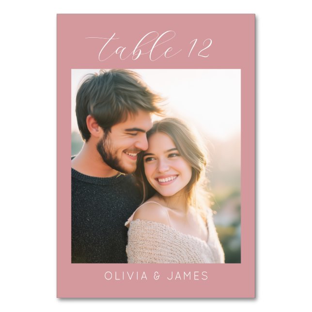 Romantic Pink Minimalist Photo Table Number (Front)