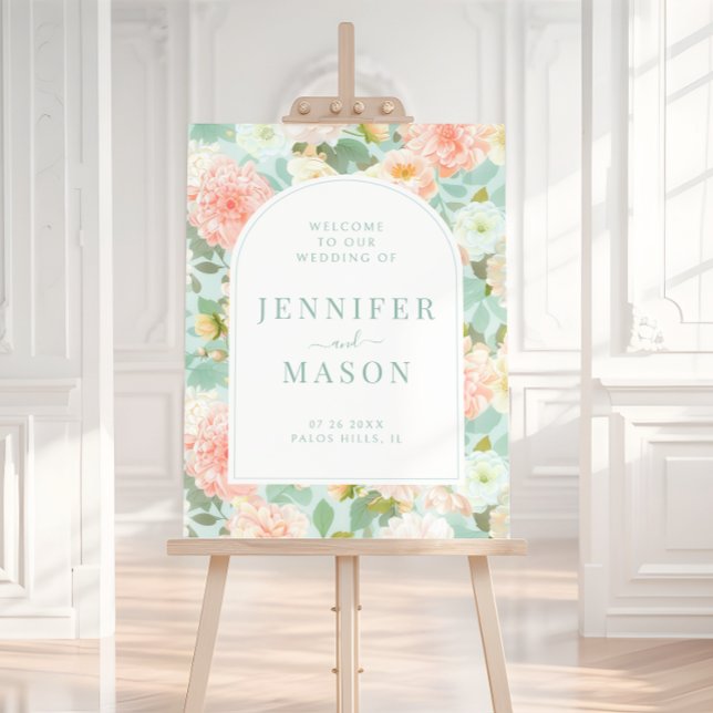 Romantic Pink Mint Floral Wedding Welcome Sign (Creator Uploaded)