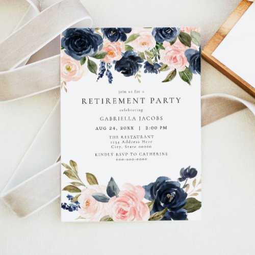 Romantic Pink  Navy Blush Floral Retirement Party Invitation