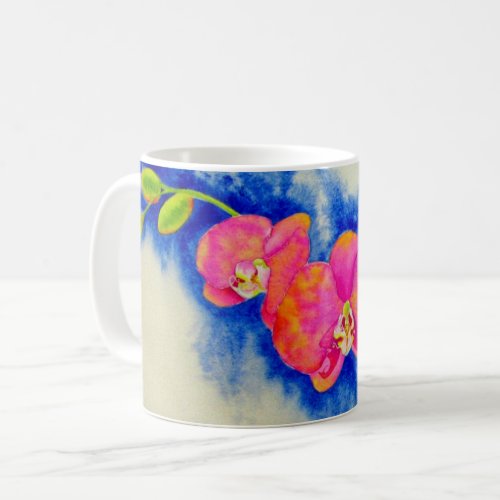 Romantic pink orange watercolor orchid painting  coffee mug