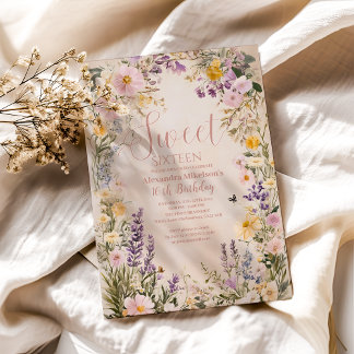 Romantic Pink Pastel Wildflowers Sweet 16 Invitati Invitation