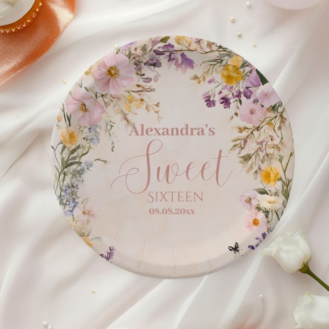 Romantic Pink Pastel Wildflowers Sweet 16 Paper Plates (Creator Uploaded)