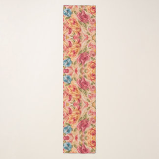 Romantic Pink Peach & Blue Roses Chiffon Scarf
