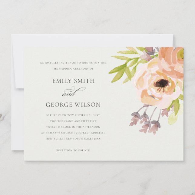 ROMANTIC PINK PEACH BLUSH OFF WHITE FLORAL WEDDING INVITATION (Front)